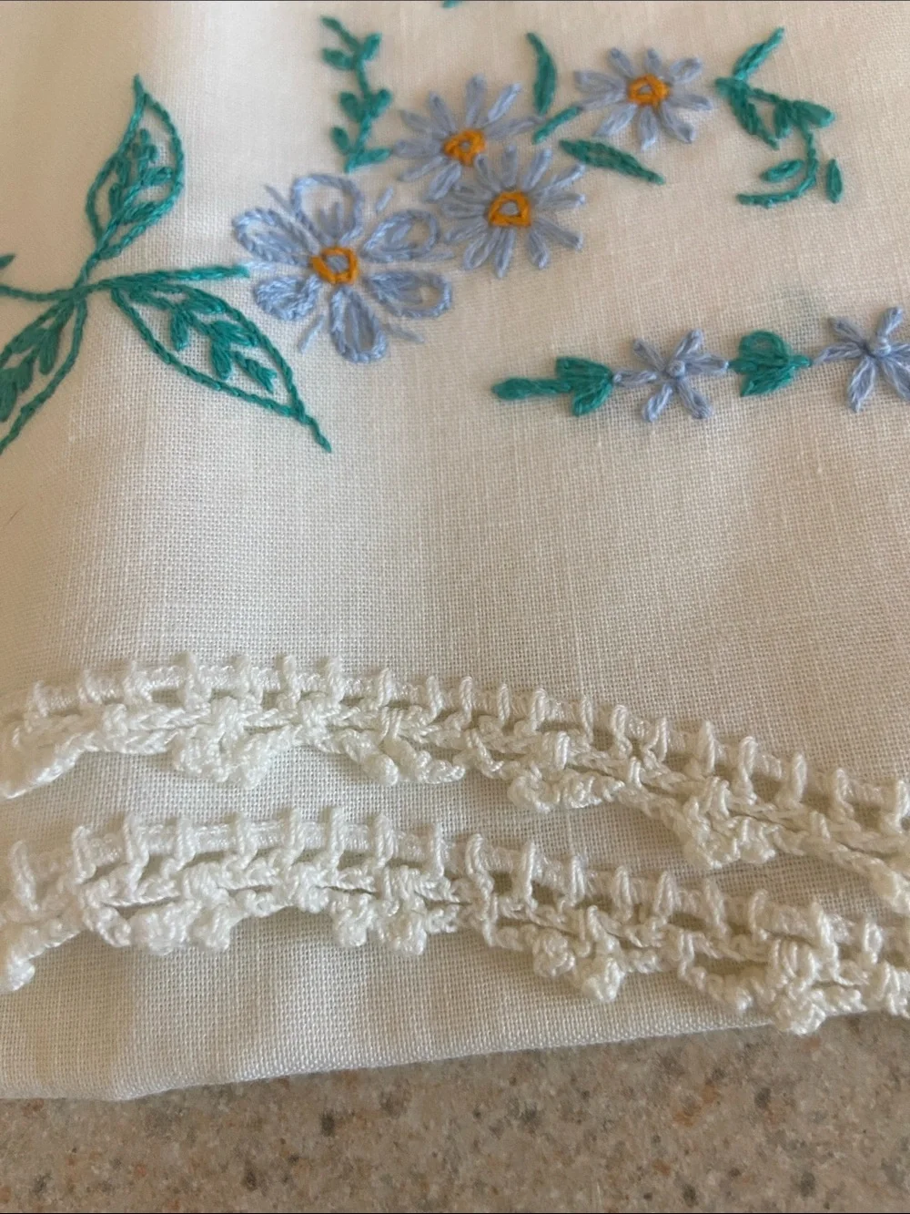 Vintage White Embroidered HIS and HERS Pillow Shams with Blue Floral Accents